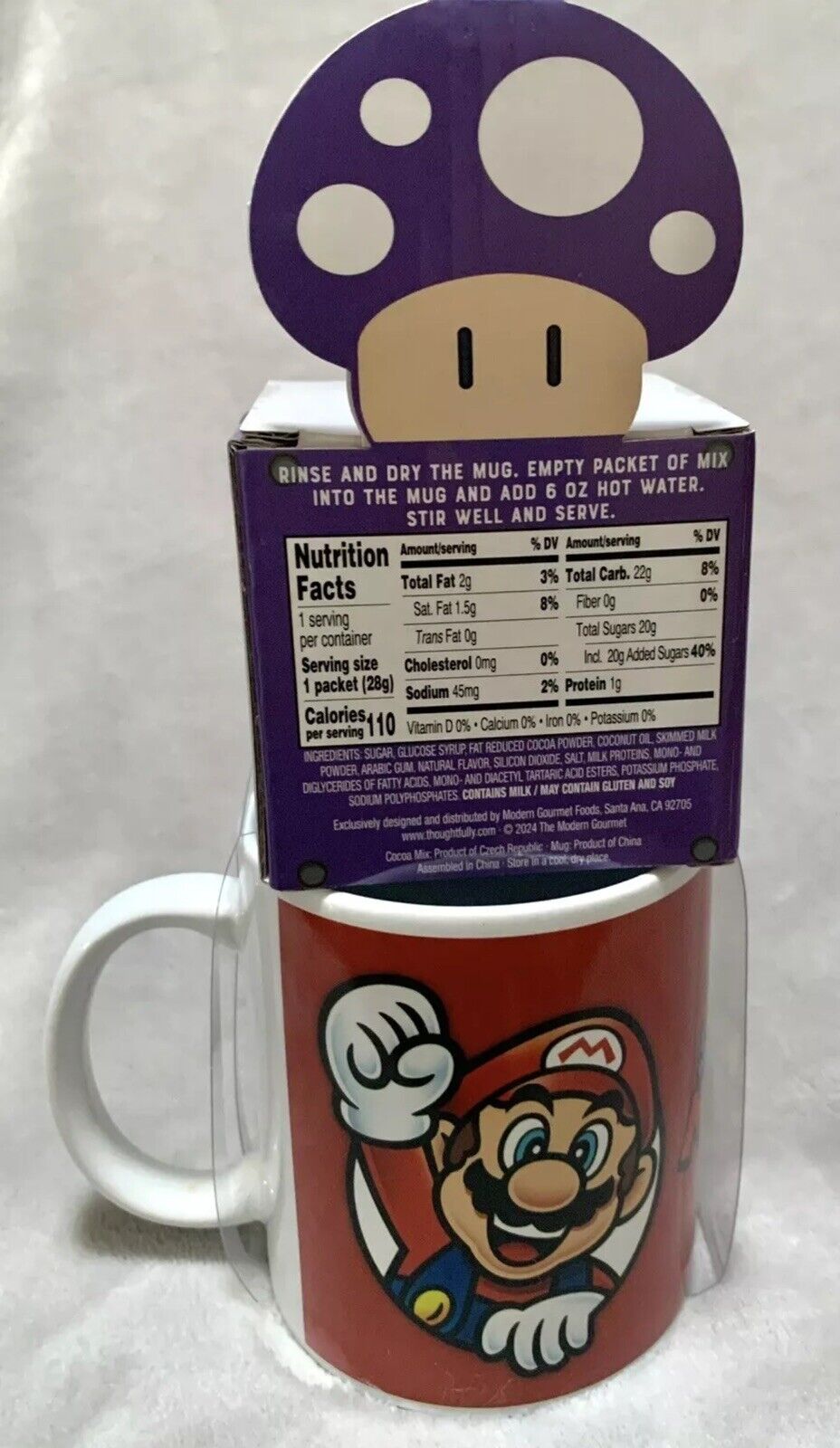 NEW Power up Purple Mushroom SUPER MARIO 12oz Ceramic Mug & Hot Cocoa Gift Set