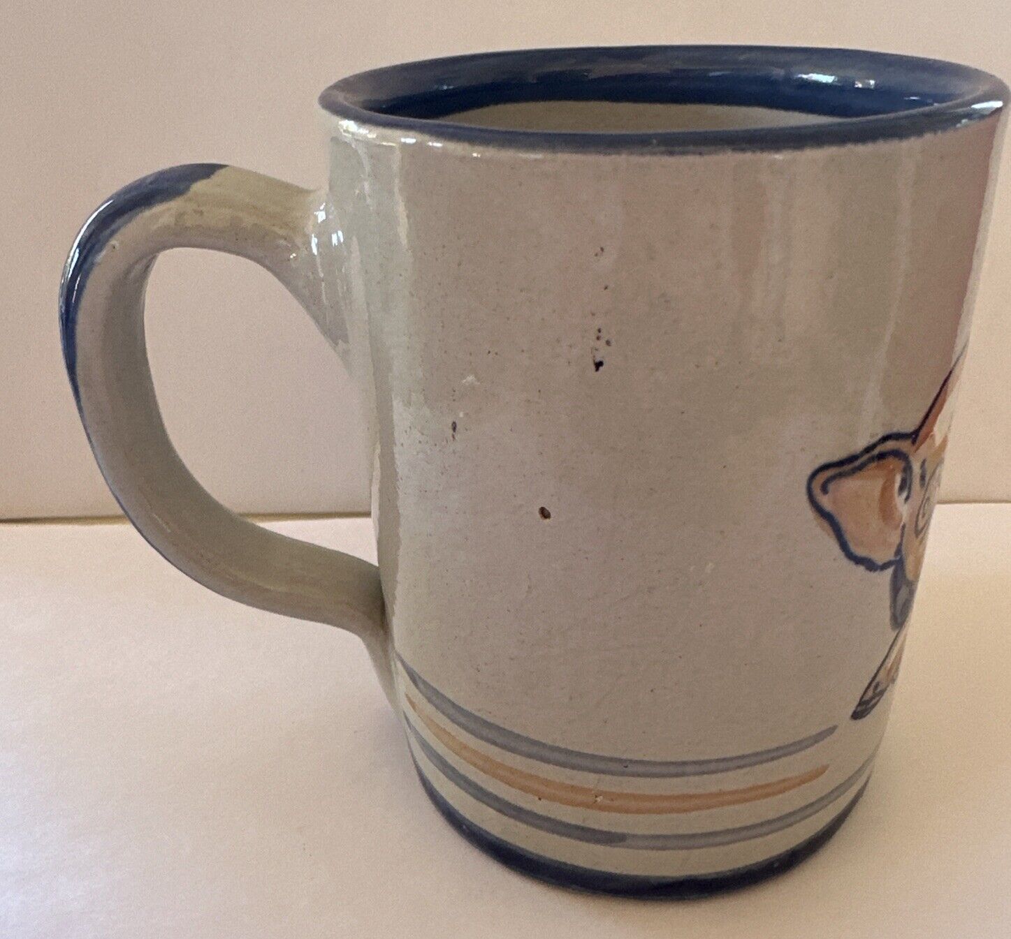 Louisville Stoneware Pottery Mug Cup Coffee Tea Pigs Blue Scarves 4” USA Farm