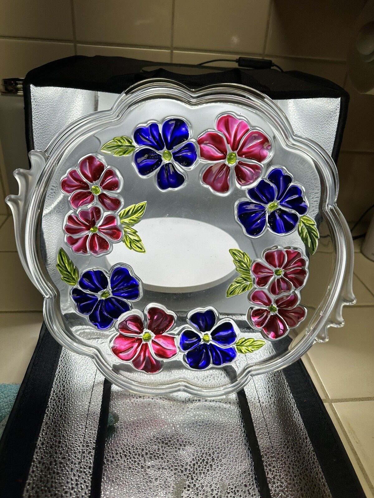 SERVING TRAY Raised Glass Plate 13” With  Pink And Purple Flowers Vintage