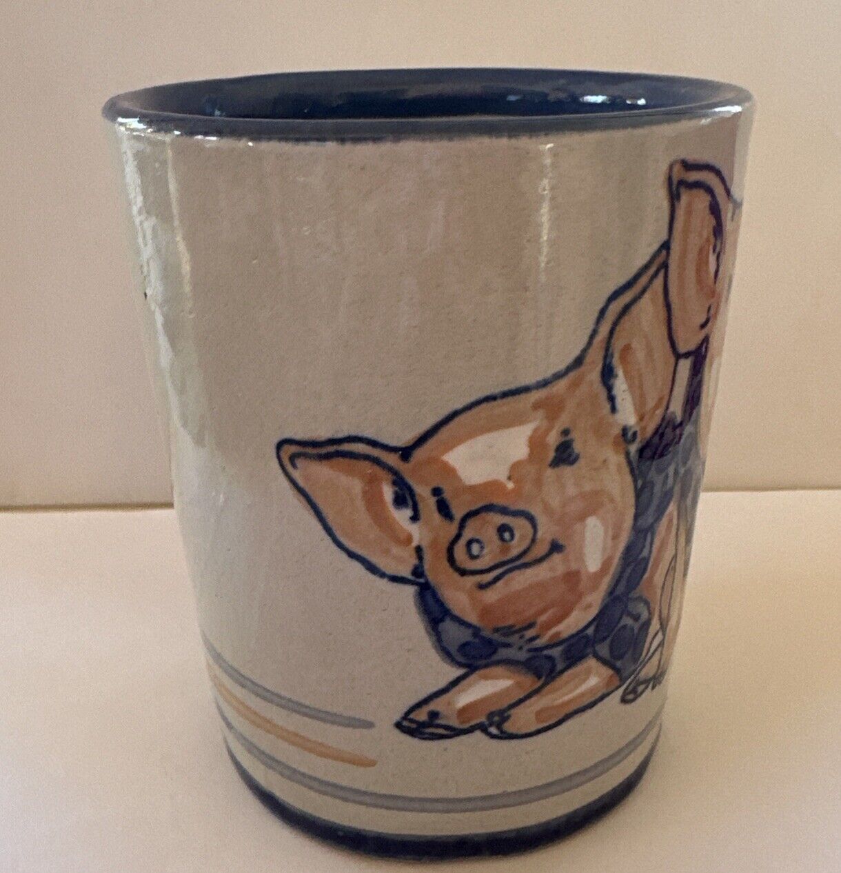 Louisville Stoneware Pottery Mug Cup Coffee Tea Pigs Blue Scarves 4” USA Farm