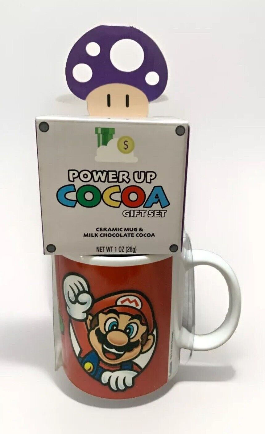 NEW Power up Purple Mushroom SUPER MARIO 12oz Ceramic Mug & Hot Cocoa Gift Set