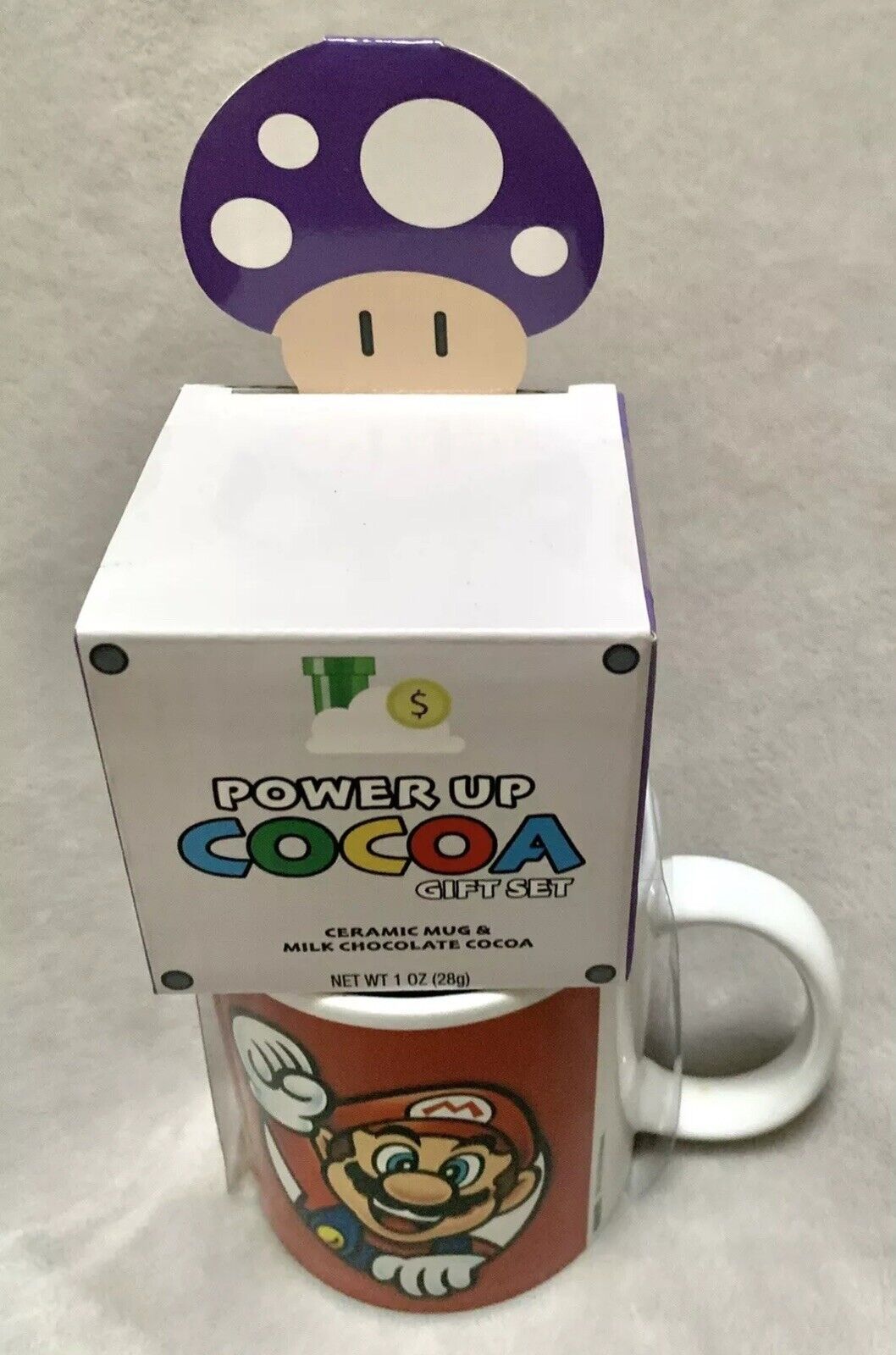 NEW Power up Purple Mushroom SUPER MARIO 12oz Ceramic Mug & Hot Cocoa Gift Set