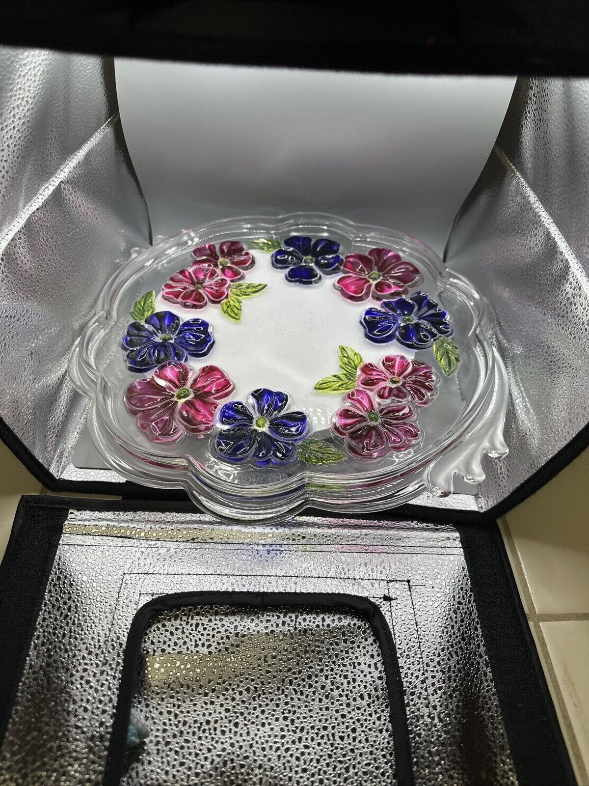 SERVING TRAY Raised Glass Plate 13” With  Pink And Purple Flowers Vintage