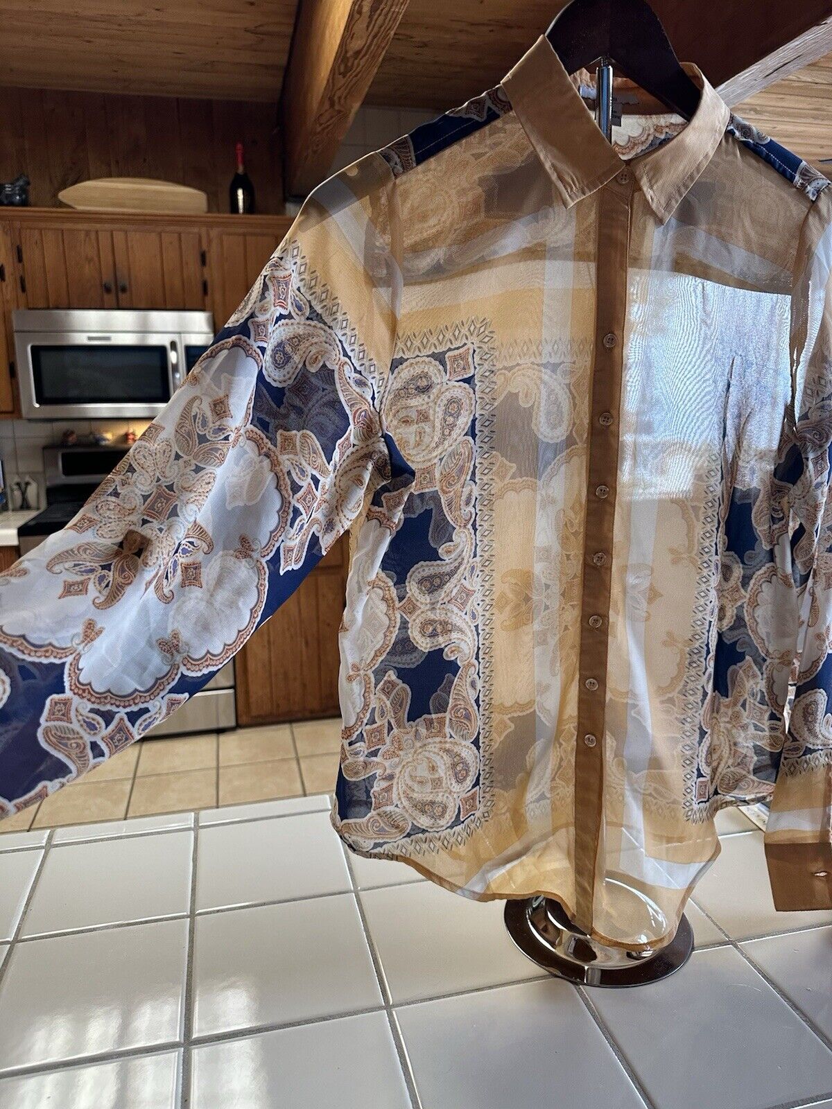 bar111 Women’s Pasily Sheer Blue White And Beige Long Sleeve Blouse