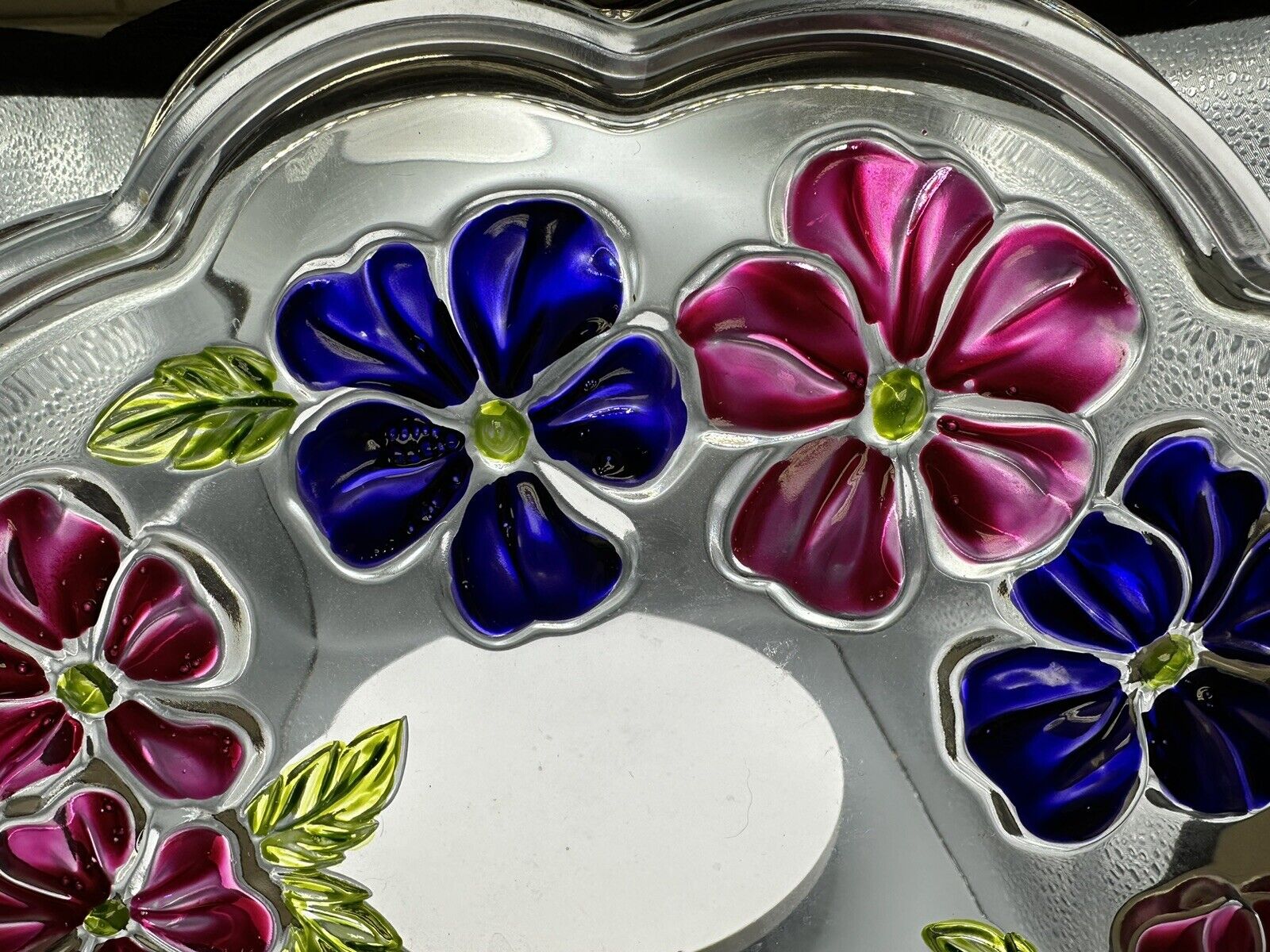 SERVING TRAY Raised Glass Plate 13” With  Pink And Purple Flowers Vintage