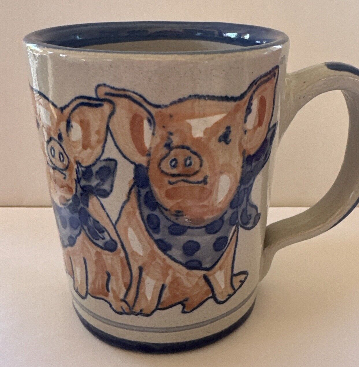 Louisville Stoneware Pottery Mug Cup Coffee Tea Pigs Blue Scarves 4” USA Farm