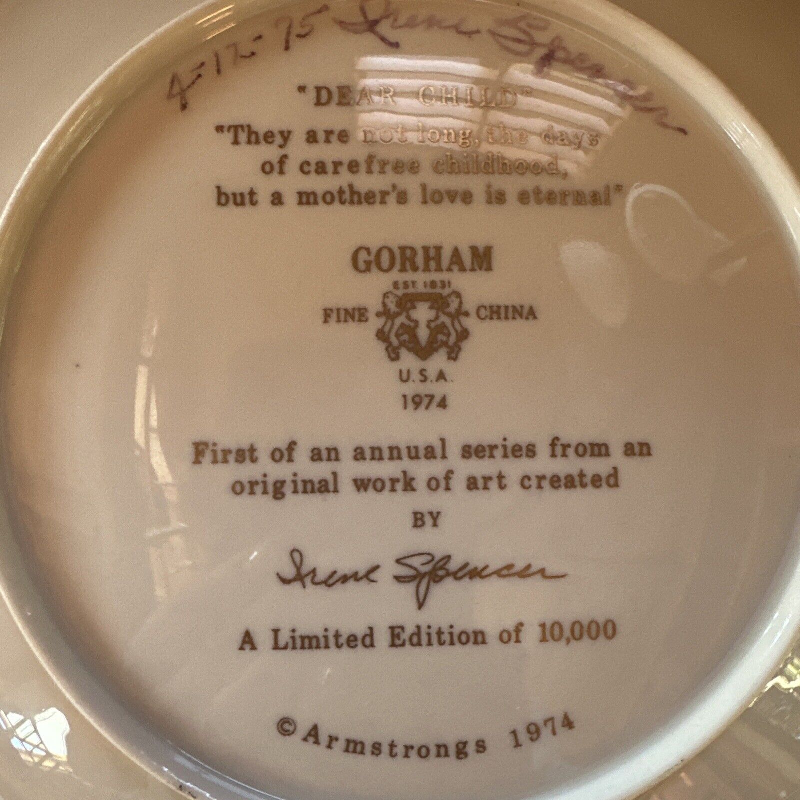 'Dear Child' Gorham Fine China Collector Plate 1974 Ltd Ed Art by Irene Spencer