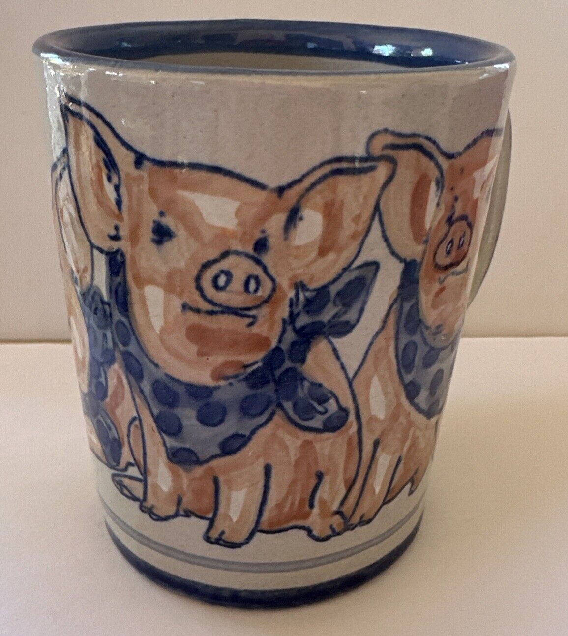 Louisville Stoneware Pottery Mug Cup Coffee Tea Pigs Blue Scarves 4” USA Farm