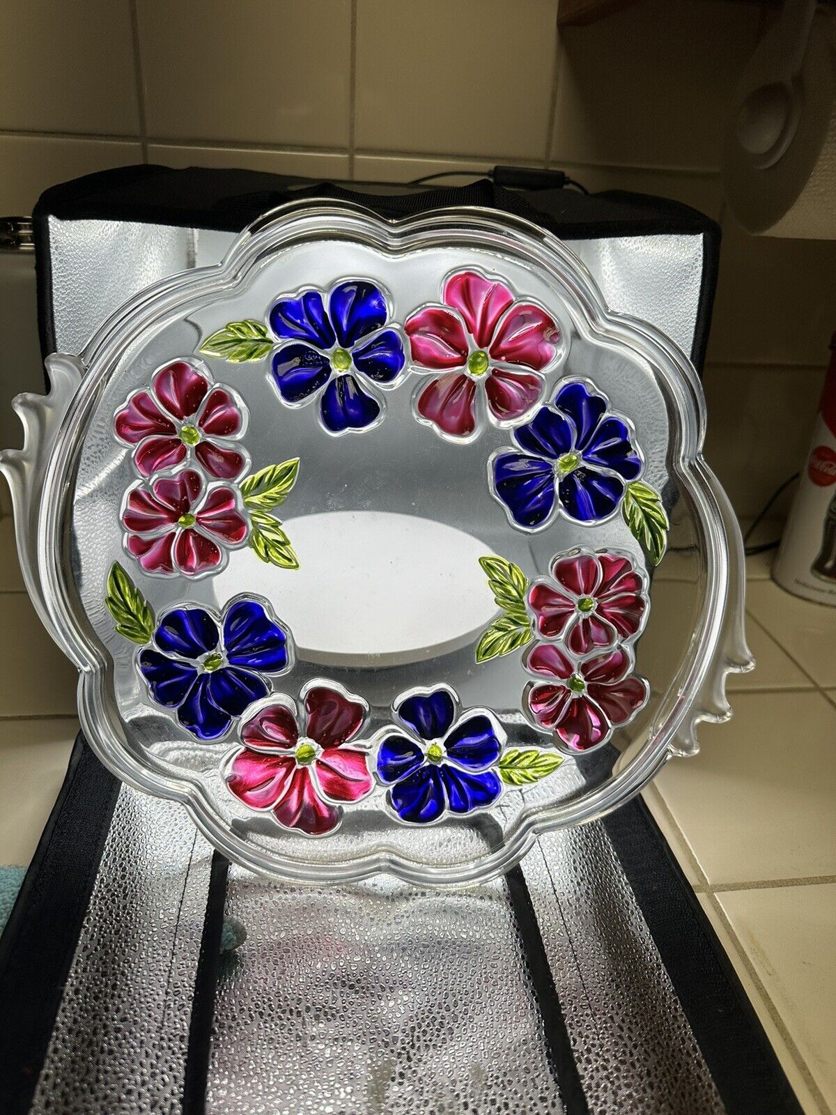 SERVING TRAY Raised Glass Plate 13” With  Pink And Purple Flowers Vintage
