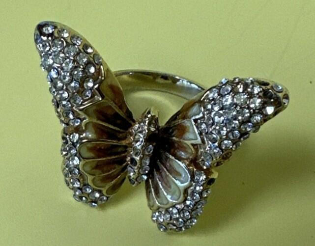Contessa Di Capri Gold Tone & Crystal Butterfly Ring 1970's Size 7