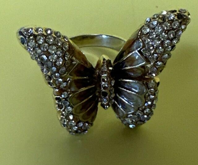 Contessa Di Capri Gold Tone & Crystal Butterfly Ring 1970's Size 7