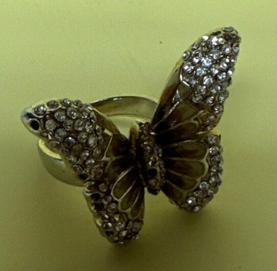 Contessa Di Capri Gold Tone & Crystal Butterfly Ring 1970's Size 7