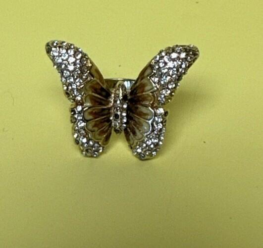 Contessa Di Capri Gold Tone & Crystal Butterfly Ring 1970's Size 7