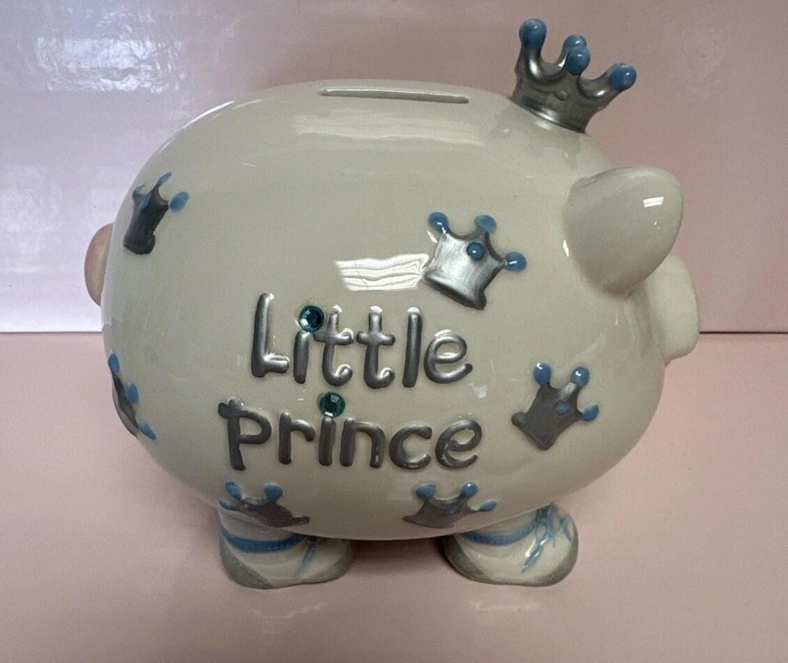 New Mud Pie Little Prince Yellow Crown Baby Boy Ceramic Piggy Bank RARE