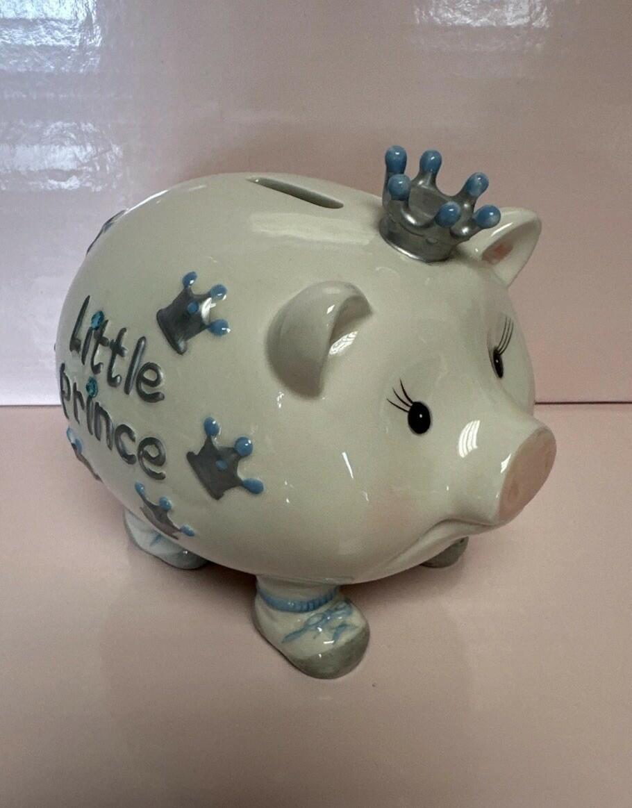 New Mud Pie Little Prince Yellow Crown Baby Boy Ceramic Piggy Bank RARE