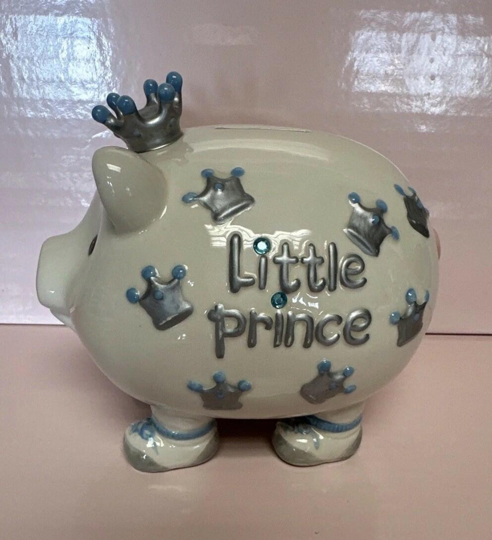 New Mud Pie Little Prince Yellow Crown Baby Boy Ceramic Piggy Bank RARE