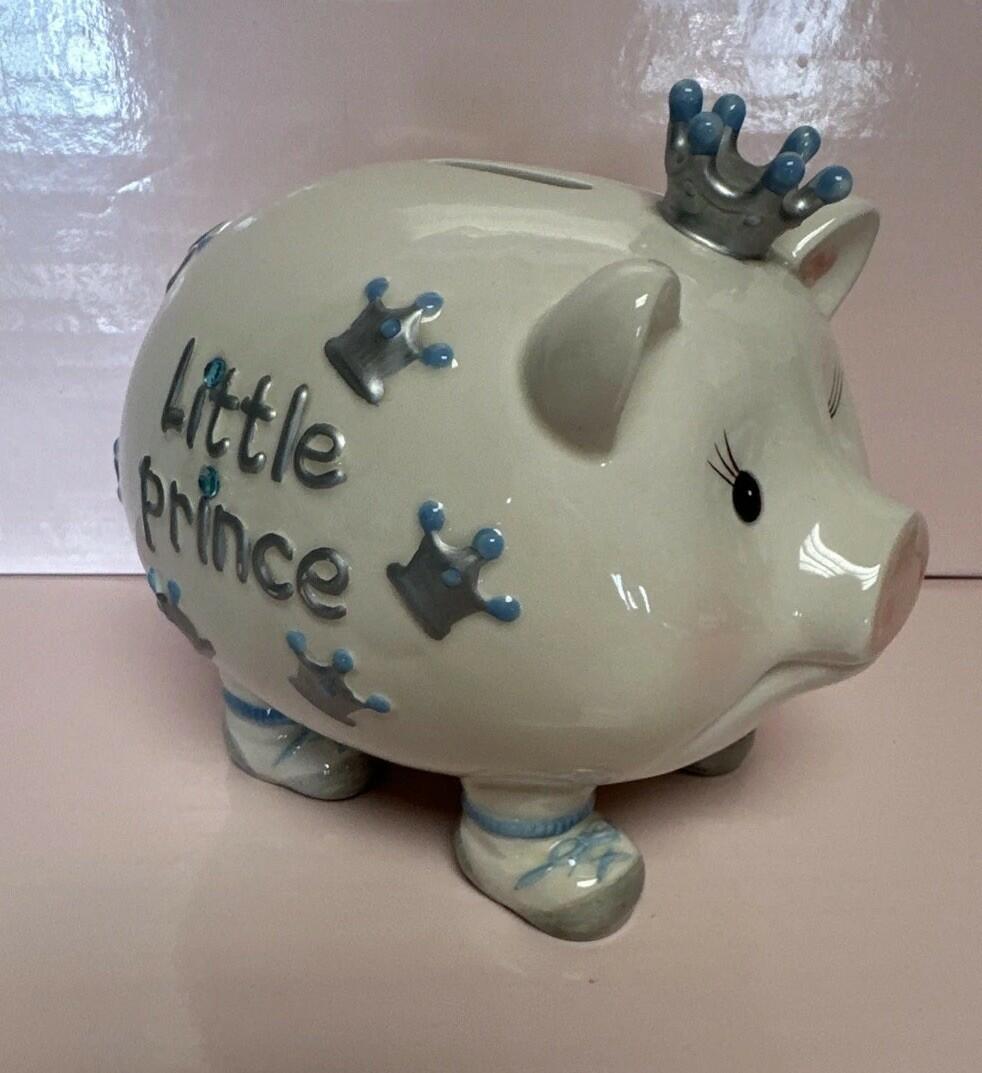 New Mud Pie Little Prince Yellow Crown Baby Boy Ceramic Piggy Bank RARE