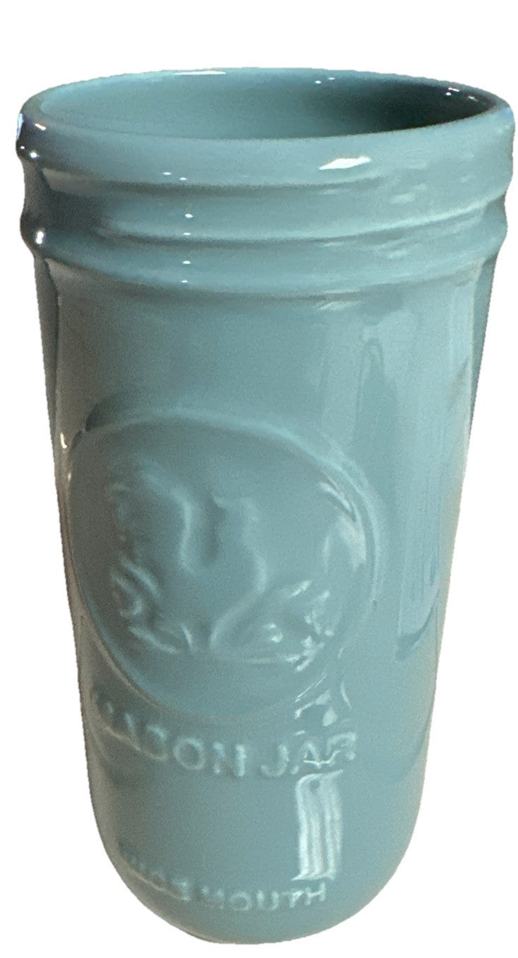 Fishs Eddy Mason Jar Ceramic Country Decor Mint Green Glaze Wide Mouth